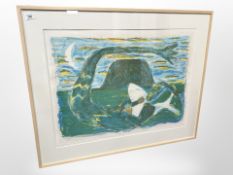 A limited edition continental colour print depicting a mermaid wrestling a shark, 77cm x 58cm.