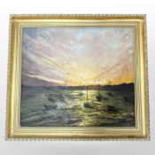 I L Burtram (20th century) : Sunset with moored sail boats, oil on board, 38cm x 43cm.