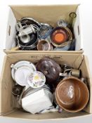 Assorted pottery jars and stainless steel kitchen wares, quartz wall clock, African fly swish, etc.