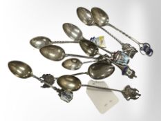 A collection of silver and enamel Scottish, Welsh spoons, Glasgow, Forfar, Dumfries, Edinburgh,