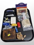 A group of die-cast cars including Corgi, bank notes, lighter, Victorian box, etc.