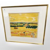 A continental limited edition colour print depicting figures in a farm landscape, 52cm x 47cm.