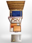 A walnut table box, a further Victorian box and a small leather-cased picnic set.