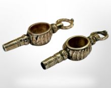 Two Georgian yellow gold pocket watch keys.