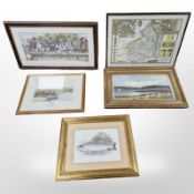 Five various pictures and prints including A Fraser oil on canvas of a lake,