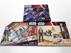 Three Hasbro Disney Star Wars figurines to include Speederbike Moto Speeder, Tie Fighter,