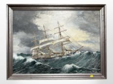 R W Underwood (early-20th century) : A three-masted ship in rough seas, oil on board,