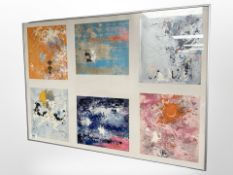 Six contemporary prints, framed overall as one, 70cm x 50cm.