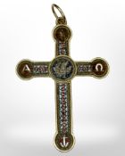 An 18ct yellow gold micromosaic alpha omega crucifix pendant, length 39 mm.