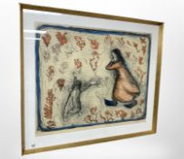 A continental lithograph with pastel depicting children, dated 1938, 68cm x 56cm.