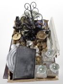 A group of homewares : pair of brass pricket candlesticks, three decanters, Quartz wall clock,