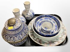 A pair of Delft blue and white transfer-printed bulbous vases and further cruet,