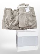 A contemporary cake stand and dome in box, and a pair of curtains, 170cm wide x 288cm drop.