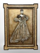A metal relief picture depicting a Flamenco dancer mounted on wooden frame, 90cm x 122cm.