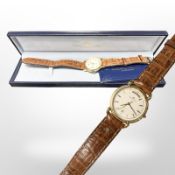 A gent's gold-plated Maurice Lacroix quartz calendar wristwatch, case 33mm, in original box.