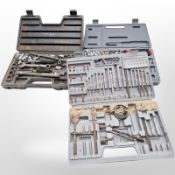 Three cased socket sets by Stanley, Bosch, etc.