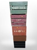 Six vintage pine bottle crates.