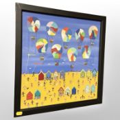 Gordon Barker : Figures in balloons by the coast, acrylic, 40cm x 40cm.