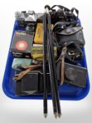 A small quantity of vintage cameras to include Zenit, Konica, Kodak, related camera accessories.