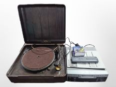 A Bakelite cased Columbia turntable and Sharp mini disc deck with remote and instructions,