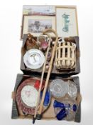 A group of crystal bowls and ornaments, figurines, two walking sticks, decanter,