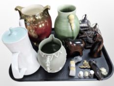 A Crown Devon lustrous twin-handled vase, a further Art Deco ribbed vase,