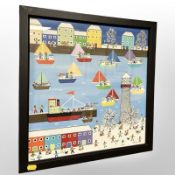 Gordon Barker : Figures at a coast in winter, acrylic, 40cm x 40cm.