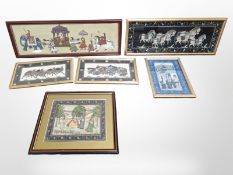 Indian school (early-20th century) : A group of six gouache paintings on silk depicting figures in