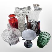 A group of clear and coloured glass ware, Bohemian ruby glass vase,