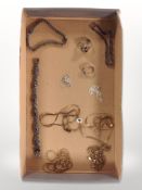 A collection of silver gilt necklaces, marcasite and synthetic amethyst bracelet, dress rings, etc.