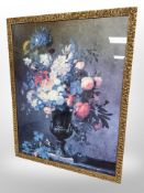 A contemporary gilt-framed print depicting a vase of flowers, 108cm x 134cm.