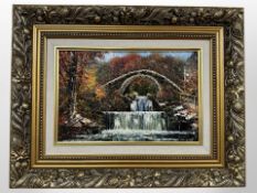 Dallas K Taylor (British, 1941-2011) : Jesmond Dene Waterfall, impasto oil on board, 29cm x 18cm.