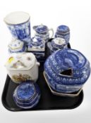A group of Ringtons blue and white caddies, vase, bowl, etc.