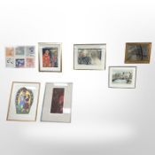 Seven continental pictures to include limited edition colour print of a clown,