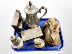 A silver-plated cigarette box, sugar caster, teapot, miniature musical piano, a small globe,