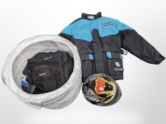 A Shark motorbike helmet, together with a jacket and pair of trousers.