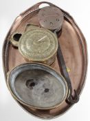 A copper-plated twin-handled serving platter, width 61cm, together with a bed-warming pan,