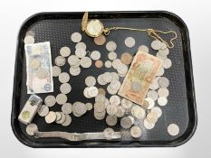 A group of pre-decimal coinage, two bank notes, modern Sekonda half hunter pocket watch,