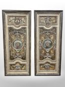 A pair of painted carved wooden mirrored panels, each 63cm x 151cm.