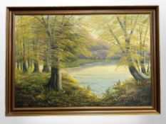 Danish school : Deer by a lake, oil on canvas, 95cm x 65cm.