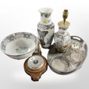 A contemporary porcelain vase, lamp base, oak barometer,