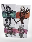 Four Riot Games League of Legends figurines to include Katerina, Xayah, Jinx and Miss Fortune,