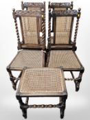 Four Edwardian oak barley twist dining chairs with begere seats and similar stool