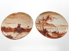 Two Copeland porcelain chargers, one depicting Ross Castle, Killarney, diameter 40cm.