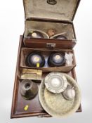 A Victorian oak twin-handled serving tray, width 56cm, together with an Eastern embossed brass bowl,