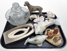 A group of Aynsley and Royal Albery cabinet porcelain, two ceramic figures of dolphins,