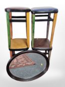 A reproduction oval mirror and four vinyl upholstered stools