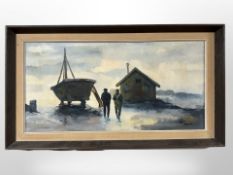 Allan Karms : Figures by a boathouse, oil on canvas, 63cm x 31cm.