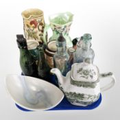 A group of antique glass bottles bearing advertising, Maling lustre jug, Character jugs, etc.