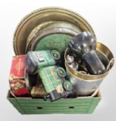 A group of brass chargers, tins, silver-plated wares, desk lamp, etc.